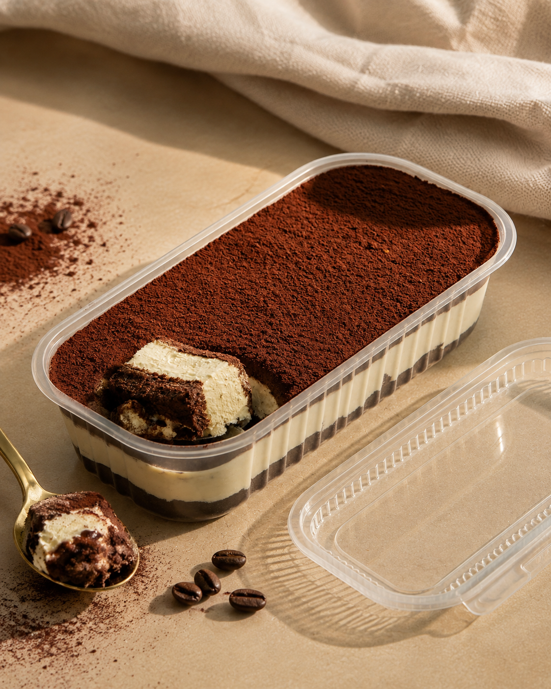 Classic high protein tiramisu dessert in a clear tub