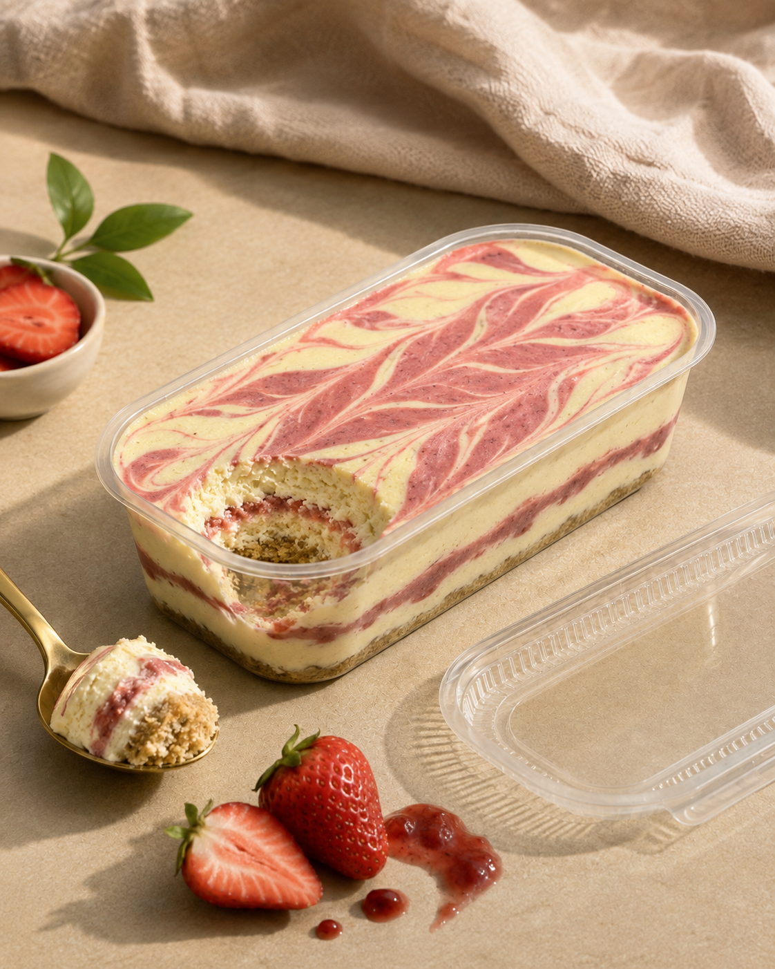 Strawberry swirl high protein cheesecake dessert in a clear tub