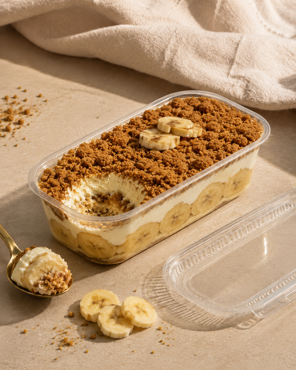 Banana pudding high protein dessert in a clear tub