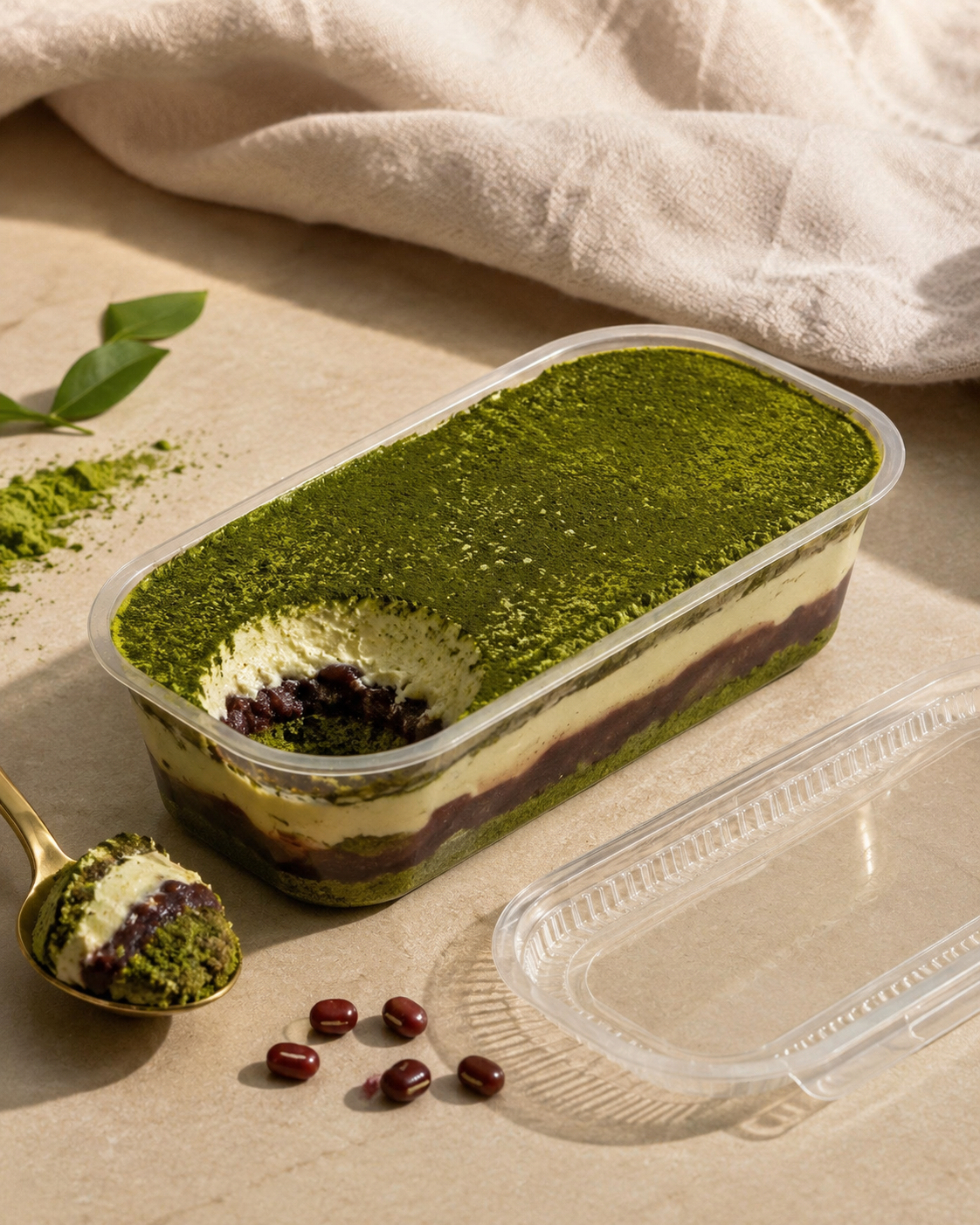 Matcha azuki high protein tiramisu dessert in a clear tub